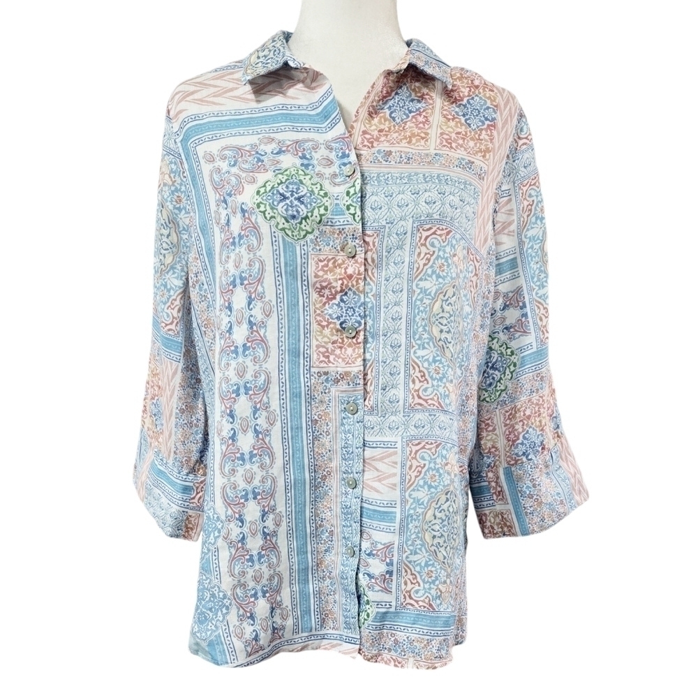 Chico's 100% Linen No Iron Multicolor Coastal Tile Button-Up Shirt Boho